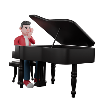 Illustrated 3D Singer. A male singer is sitting on a chair while his right hand is playing an acoustic piano and his left palm is touching his cheek. Male Vocalist Cartoon png