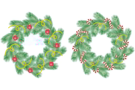 Christmas wreath Pine twigs decorated candy canes, snowflakes and streamers. New Year Circle Frames Set of 2 Template. Isolated illustration Lettering, cards, poster, flyer, label or web promo vector