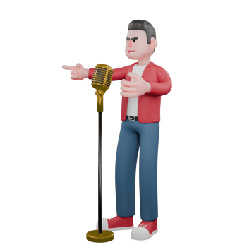 Cartoon Male Vocalist. A male singer is singing in front of a mic stand while pointing to the front. 3D Singer Model png