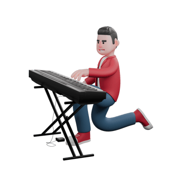 3D Cartoon Music Star. A male singer is sitting while his fingers are playing an electric piano. Male Vocal Character png