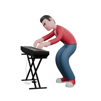 Male Singer in 3D Animation. A male singer is squatting while playing the electric piano. Cartoon Character png