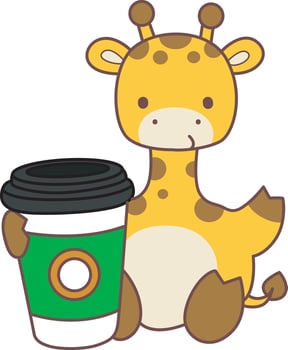 A baby giraffe bring a cup of coffee. Set Stock Illustrations Isolated of Baby Giraffe. Cute giraffe animals with various activities. vector