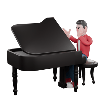 Animated Male Music Performer. A male singer is sitting on a piano chair with his left hand holding his cheek and his right hand raised up. 3D Vocalist png