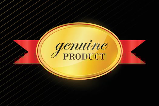 genuine product realistic golden design with red ribbon. vector