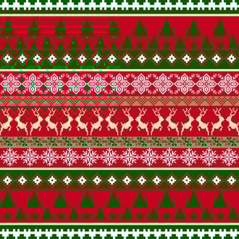 Seamless Red and Green Christmas Sweater Pattern, Reindeer and Tree Fair Isle, Winter Wonderland Knit vector