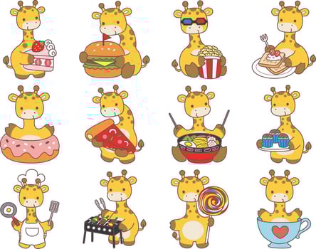 A giraffe in the variation of culinary food. Set Stock Illustrations Isolated of Baby Giraffe. Cute giraffe animals with various activities. vector