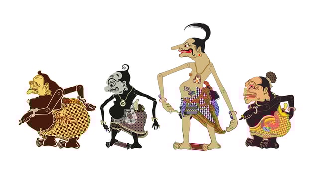 Wayang puppet collection, punakawan image illustration, traditional javanese performance art. vector