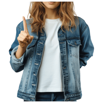 Woman in denim jacket showing off her finger png