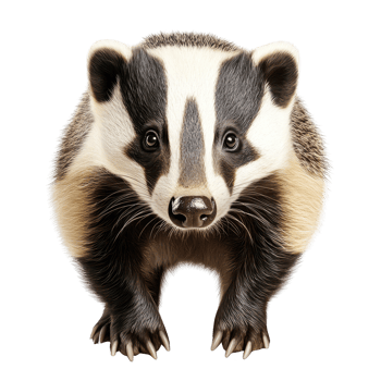 Close-up view of a badger isolated on transparent background, showcasing its distinctive black and white markings. png