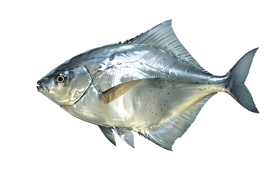 illustration style of Closeup, full body of Silver Pomfret fish swimming isolated on a transparent background png