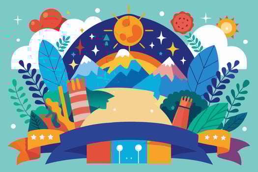 A colorful banner with mountains, trees, and a rainbow vector