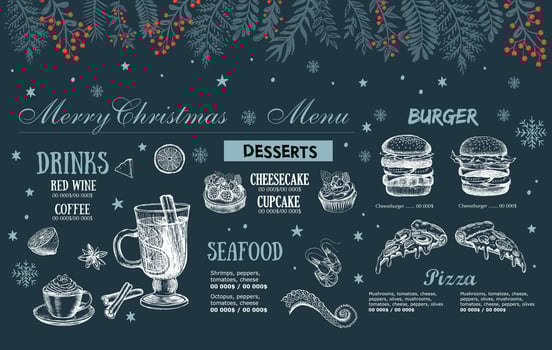 New Year and Christmas menu cafe on blue. Template design. Hand drawn illustrations. vector