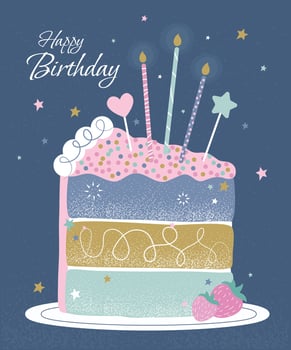 Birthday card with a piece of cake and candles on a blue background vector