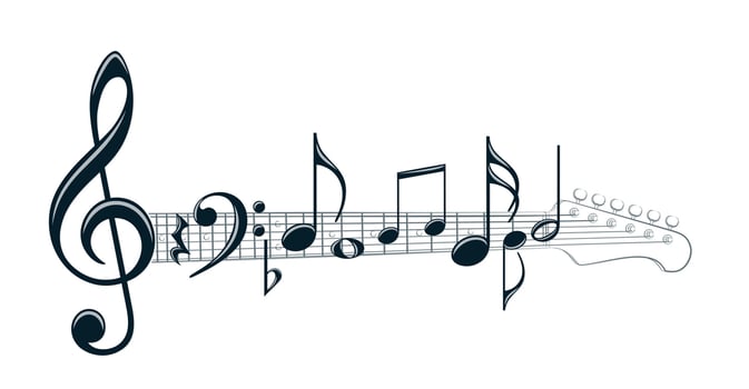 Electric guitar symbol with musical notes. vector
