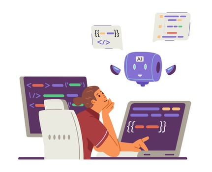 Man programmer interacting with artificial intelligence for code generation and editing flat concept illustration isolated on white. vector