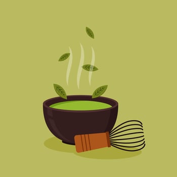 Green tea cup . wallpaper. free space for text. Matcha tea whisk. vector