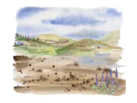 Scenery landscape of cloudy sky, hills cliffs fields grass pasture moorland lake alpine vista flowers, watercolor hand drawn. Illustration for tourism maps, resort ads, hiking camping sites, vacation. vector