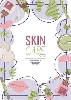 Skin care flyer design. Poster with cosmetic products, face mask, gua sha, serum. Facial skin care, skin moisturizing. Banner for beauty salon, spa, etc. vector