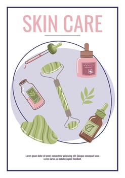 Skin care flyer design. Poster with cosmetic products, face mask, gua sha, serum. Facial skin care, skin moisturizing. Banner for beauty salon, spa, etc. vector