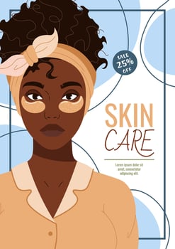 Skin care flyer design. Poster with dark skinned woman with moisturizing eye patches. Facial skin care, skin moisturizing. Banner for beauty salon, spa, etc. vector