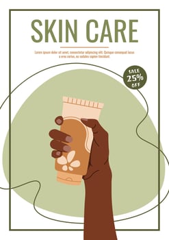 Skin care flyer design. Poster with hand holding cream. Facial skin care, skin moisturizing. Banner for beauty salon, spa, etc. vector