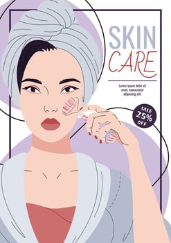 Skin care flyer design. Poster with an Asian woman doing gua sha massage. Facial skin care, skin moisturizing. Banner for beauty salon, spa, etc. vector
