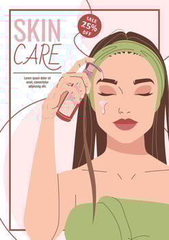 Skin care flyer design. Poster with beautiful woman moisturizing her face. Facial skin care. Banner for beauty salon, spa, etc. vector