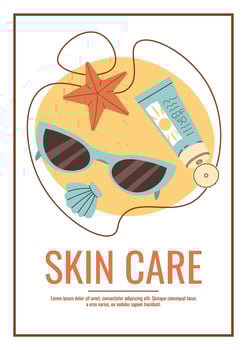 Skin care flyer design. Summer poster with sunscreen with spf, glasses, shells. Body skin care, skin moisturizing. Banner for beauty salon, spa, etc. vector