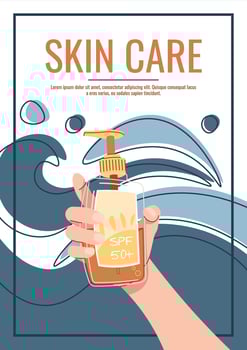 Skin care flyer design. Summer poster with hand holding sunscreen with spf. Body skin care, skin moisturizing. Banner for beauty salon, spa, etc. vector