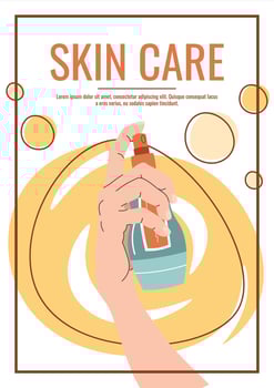 Skin care flyer design. Summer poster with hand holding sunscreen with spf. Body skin care, skin moisturizing. Banner for beauty salon, spa, etc. vector