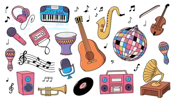 music cartoon doodles collection for prints, cards, social media, scrapbooking, stickers, planners, sublimation, etc. EPS 10 vector