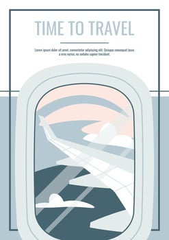 Flyer design travel. Poster with a porthole with a view of the wing of an airplane in the clouds. Travel around the world, summer vacation. Banner for a travel agency. vector