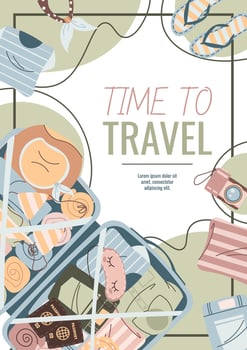 Flyer design travel. Poster with open luggage and clothes. Travel around the world, summer vacation. Banner for a travel agency. vector