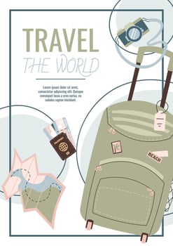 Flyer design travel. Poster with suitcase, tickets, passport and map. Travel around the world, summer vacation. Banner for travel agency. vector