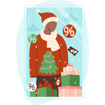Christmas sale. Showcase store New Year Mannequin in Xmas ugly sweater and gift boxes png