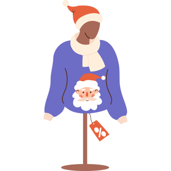 New Year Mannequin in Santa hat and Christmas ugly sweater with price tag png