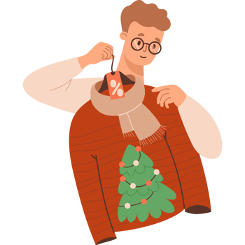 Shopping. Man trying on ugly Christmas sweater with tree on sale png