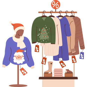 Store Christmas shopping. Fashionable clothes and mannequin in ugly xmas sweater with Santa png