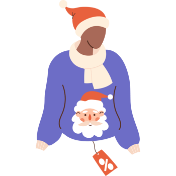 Mannequin in Santa hat and Christmas sweater with price tag png