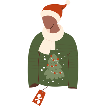 Mannequin in Christmas ugly sweater with tree with price tag png