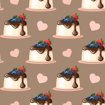 hand drawn illustration of an italian dessert Panna cotta, seamless pattern vector