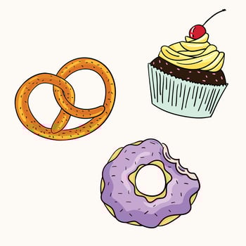 Donut cupcake pretzel color doodle hand drawn illustration vector