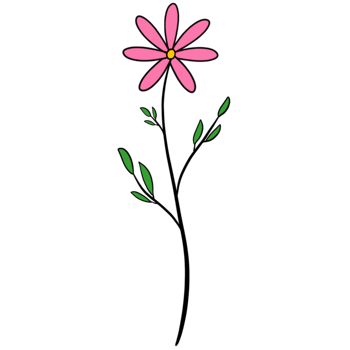 A pink flower with a stem and green leaves, black outline png