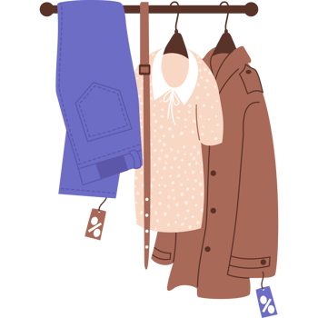 Shopping sale. Fashionable clothes on hangers trousers, belt, blouse and coat png