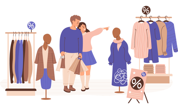 Buyers in store on shopping sale. Man and girl choose clothes on racks and mannequins with fashionable female clothing png