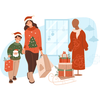 Christmas Shopping. Happy woman with son in store near female mannequin and New Year sleigh with gifts png