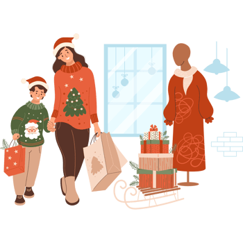 Christmas Shopping. Happy woman with son in New Year with gifts png