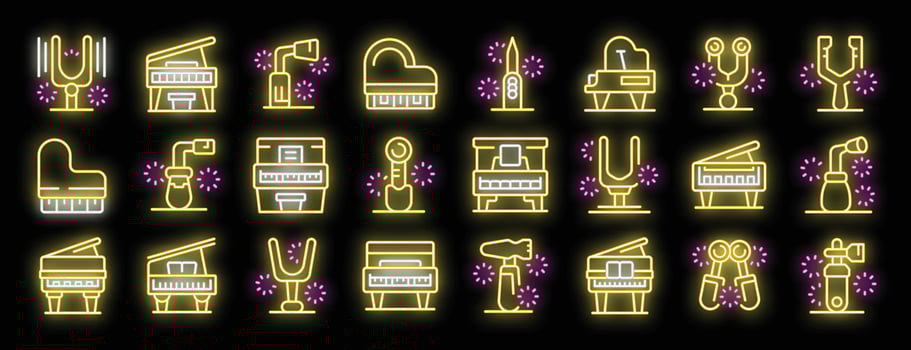 Set of grand piano music instrument neon light icons glowing brightly on a black background vector