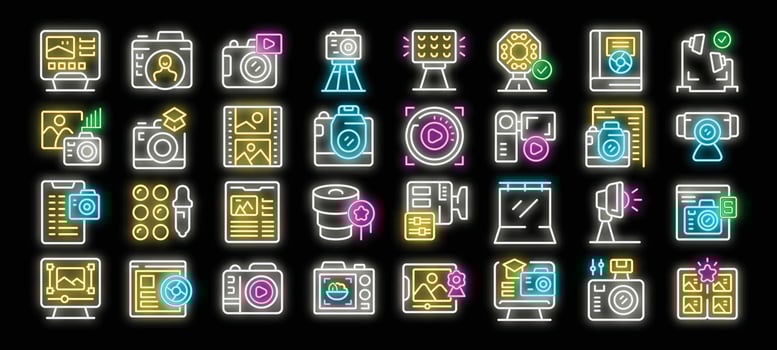 Photography industry glowing neon icons set with editing, shooting, equipment vector