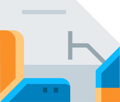 A blue and orange chair with a white wall behind it vector
